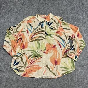 Chicos Shirt Womens 3 16 18 Linen Floral‎ Button Up Long Sleeve No Iron Blouse